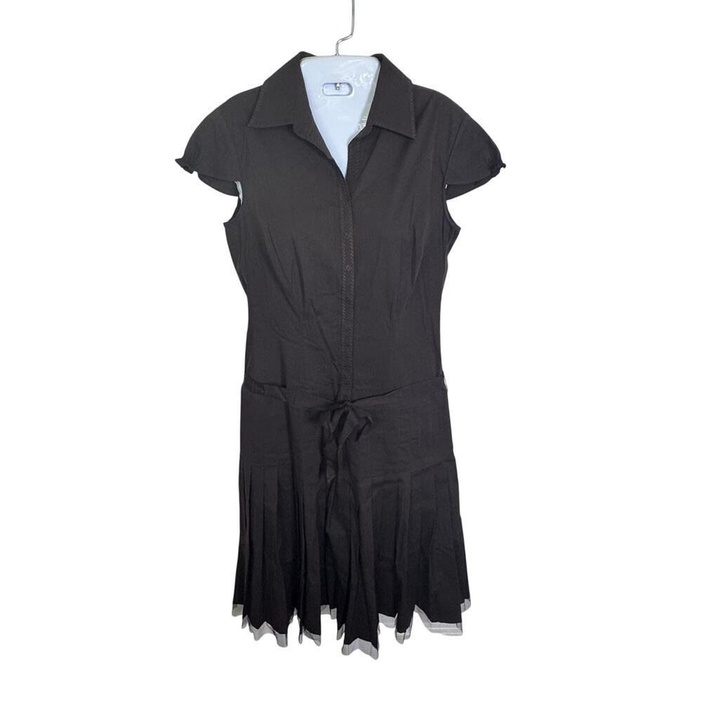 TAHARI Tahari Dress Brown Button Front Short‎ Sleeve Pleated Skirt Women's Sz 2